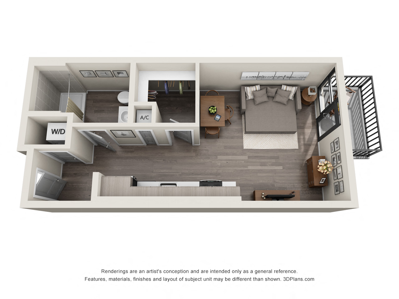 Floor plan for studio, 1 bath, 507 sqft